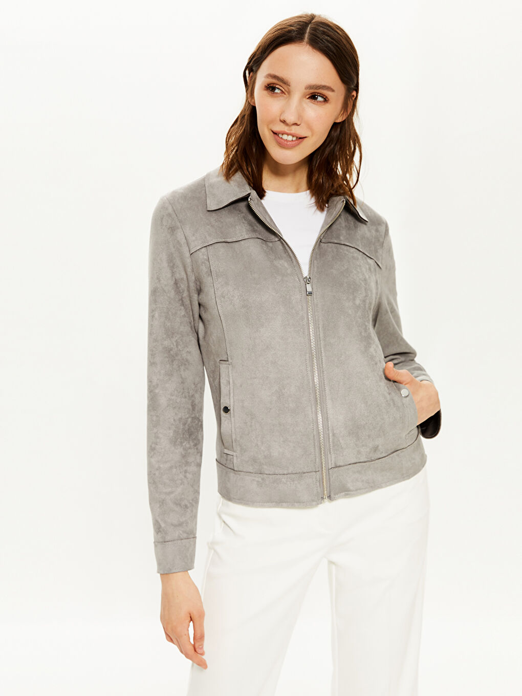 Gri Uzun Kollu Kadın Deri Görünümlü Mont