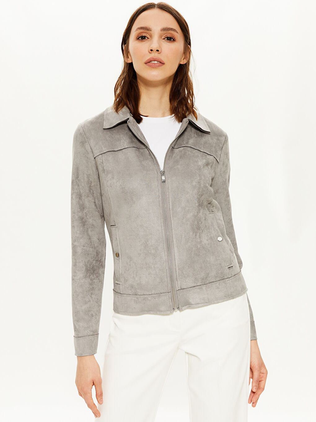 Gri Uzun Kollu Kadın Deri Görünümlü Mont-1