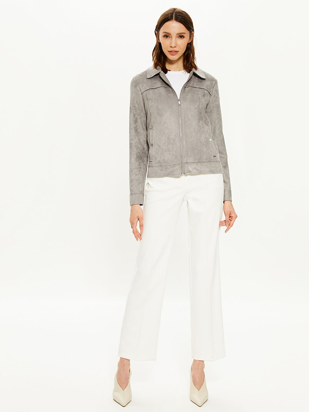 Gri Uzun Kollu Kadın Deri Görünümlü Mont-2