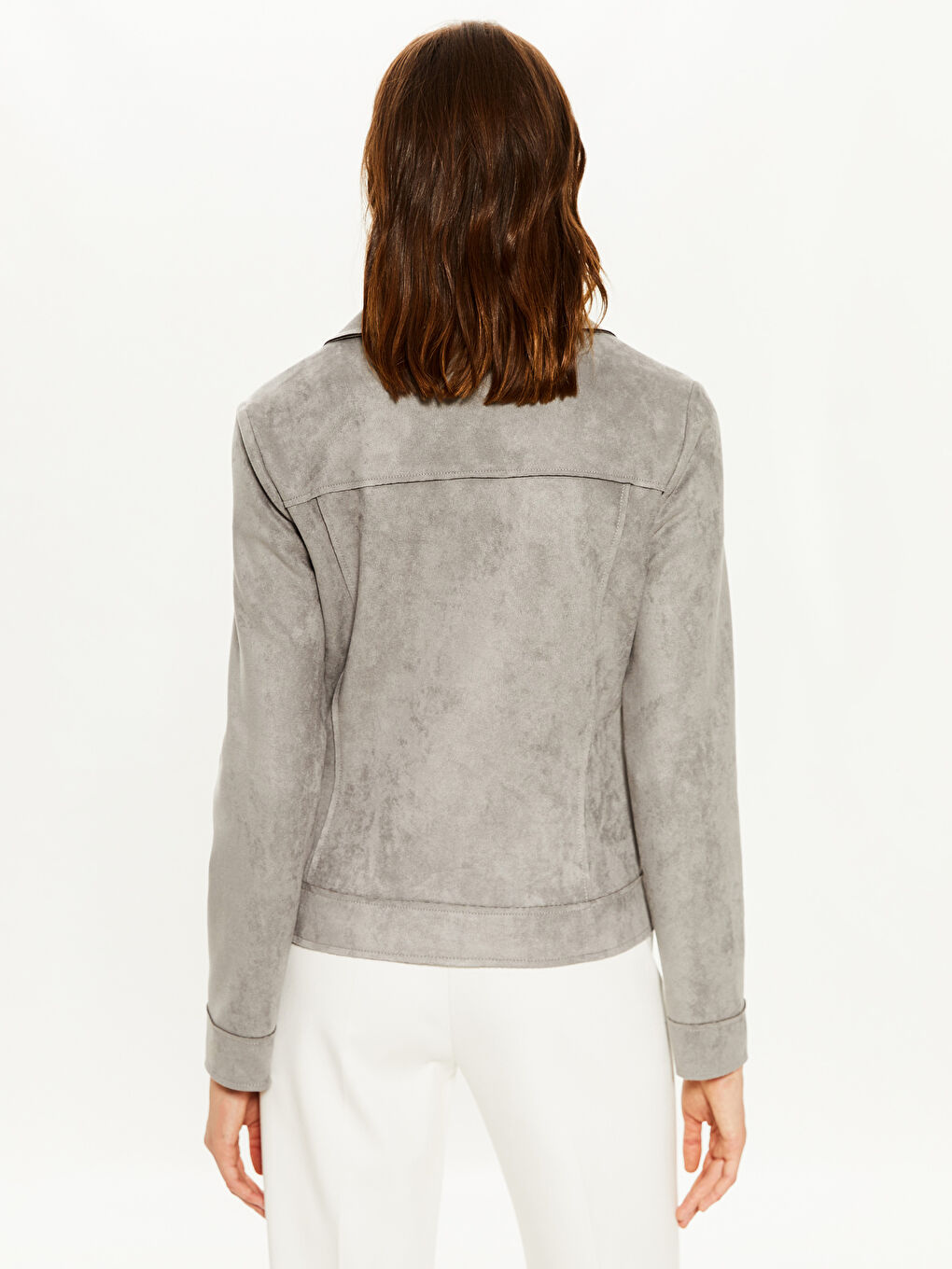 Gri Uzun Kollu Kadın Deri Görünümlü Mont-3