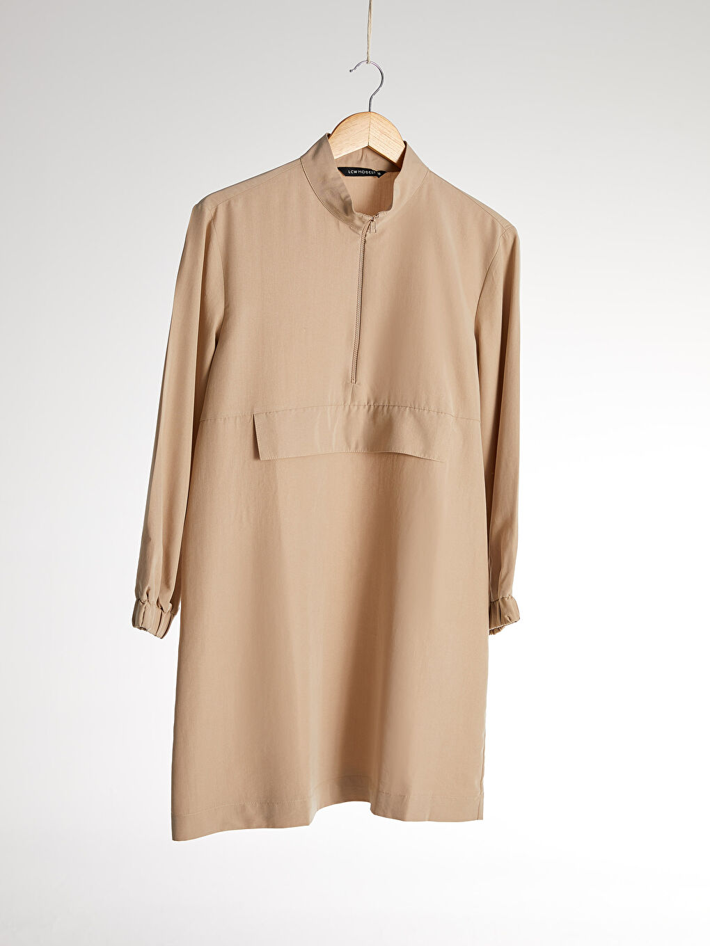 Bej Dik Yaka Düz Uzun Kollu Kadın Tunik-4