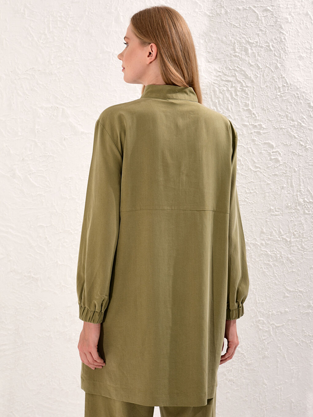 Yeşil Dik Yaka Düz Uzun Kollu Kadın Tunik-3
