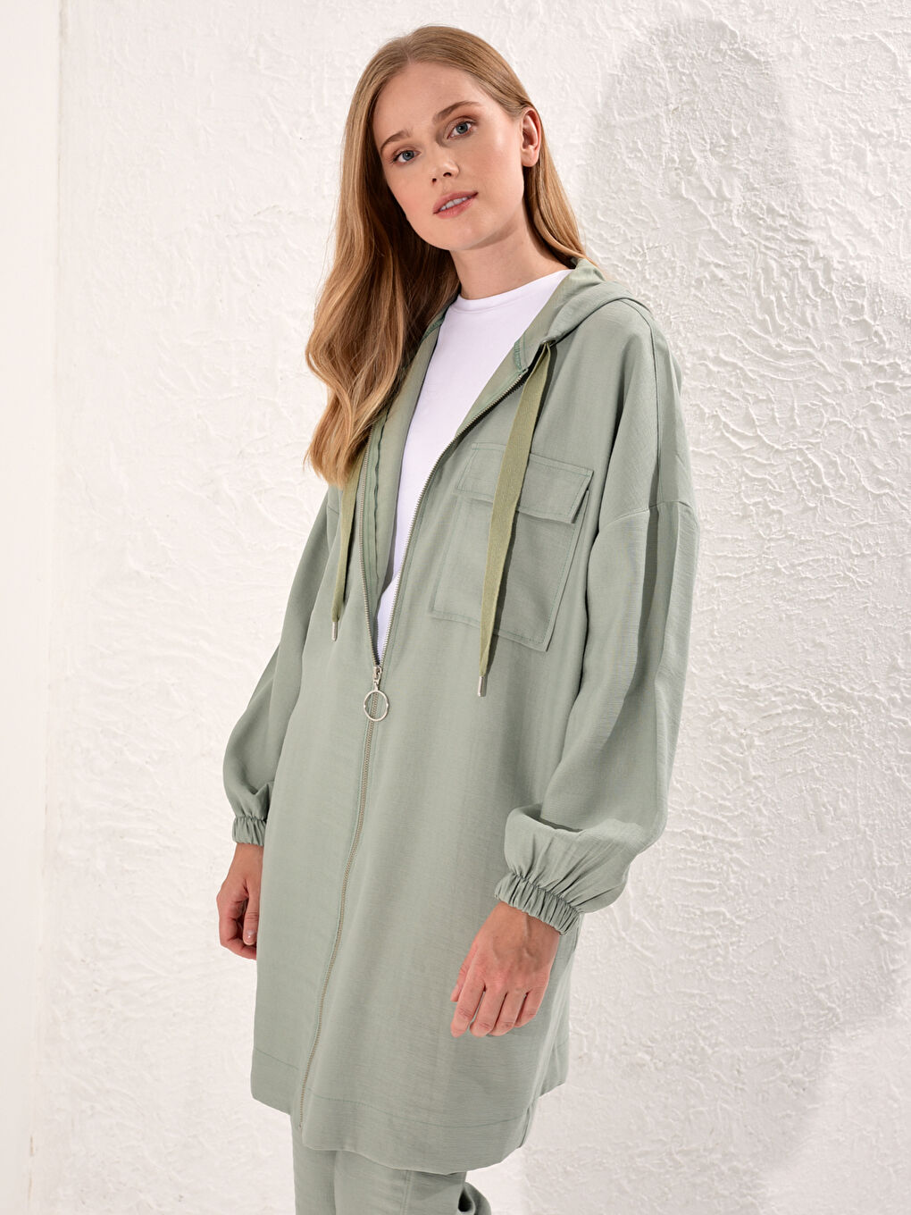 Zip-Down Loose Fit Tunic with Hood-1