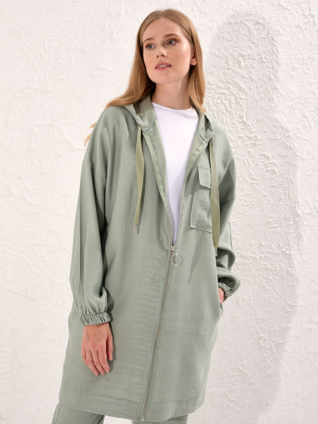 Zip-Down Loose Fit Tunic with Hood-2