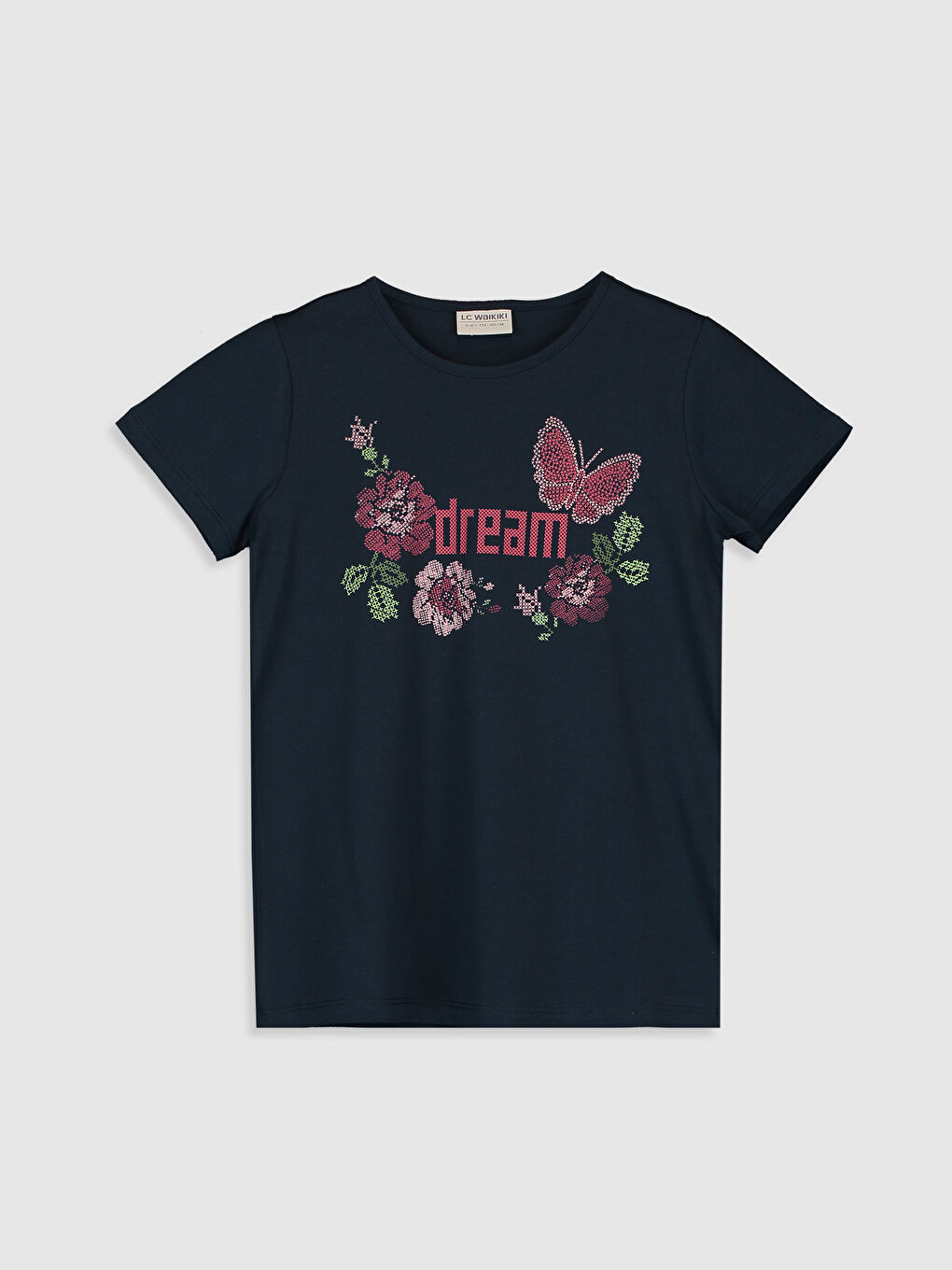 Lacivert Kız Çocuk Desenli Pamuklu Tişört