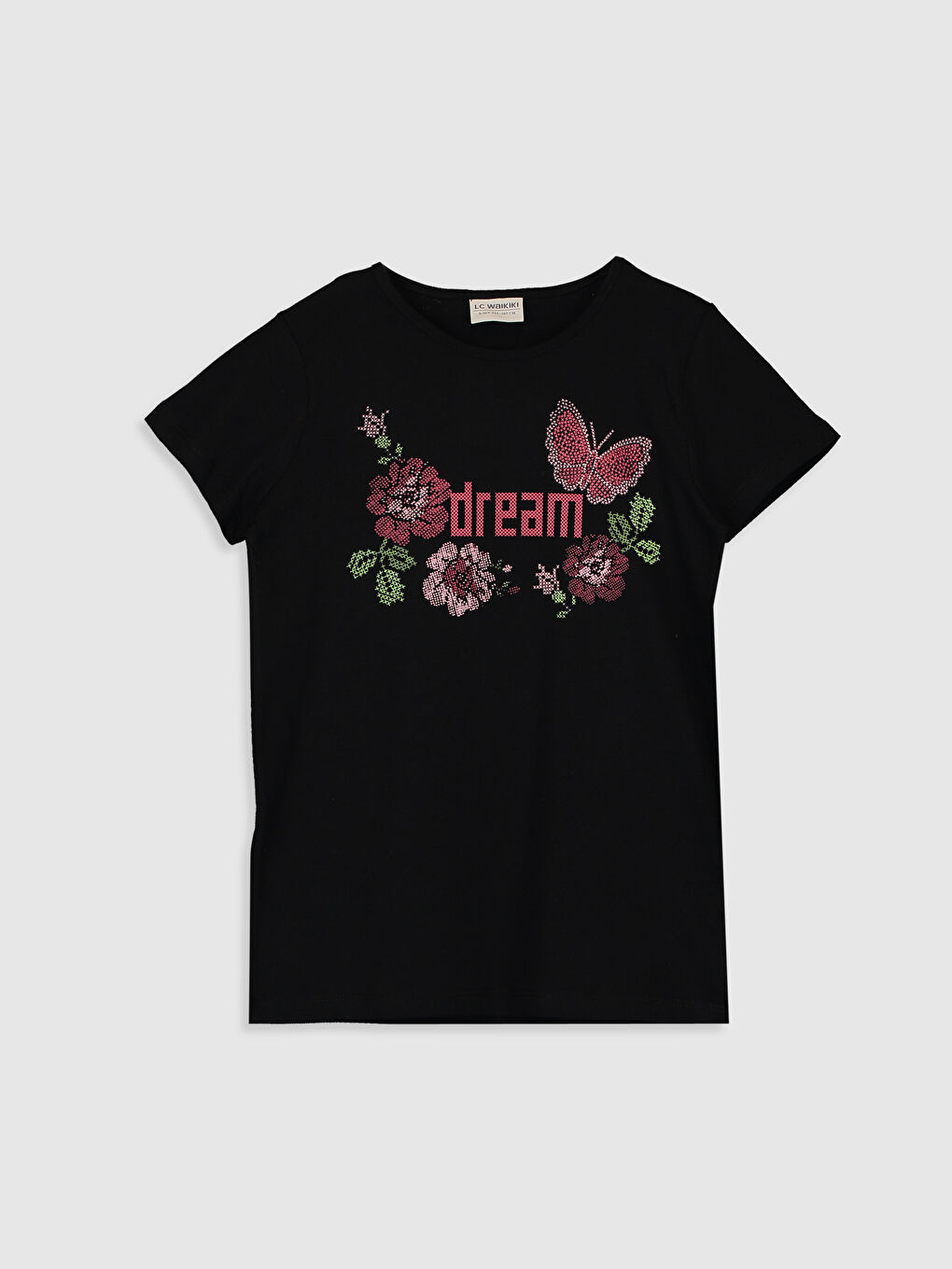 Siyah Kız Çocuk Desenli Pamuklu Tişört