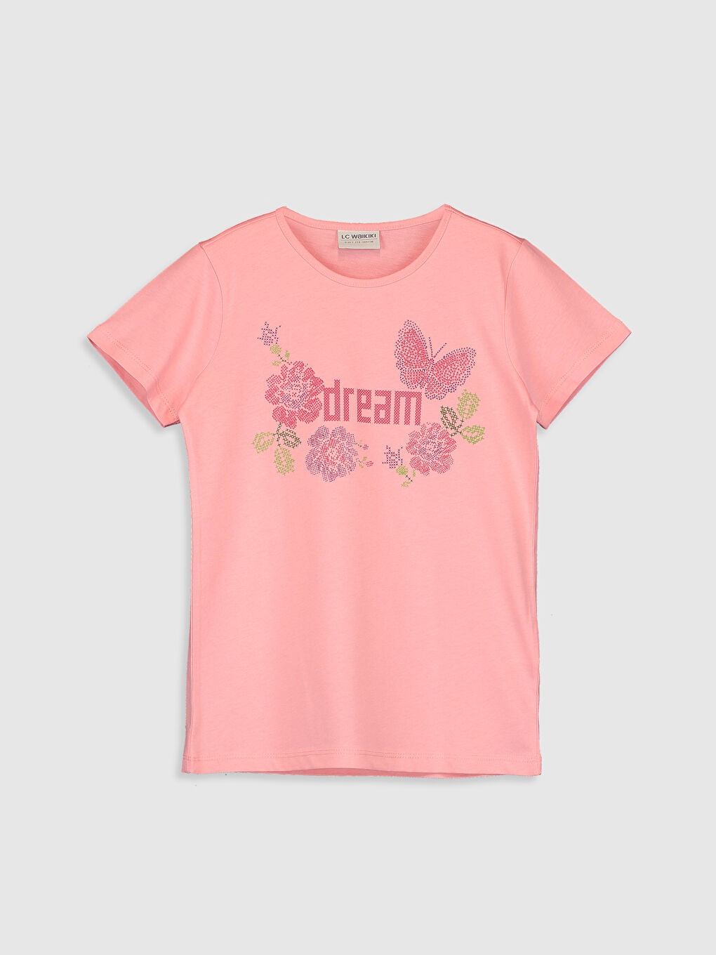 Pembe Kız Çocuk Desenli Pamuklu Tişört