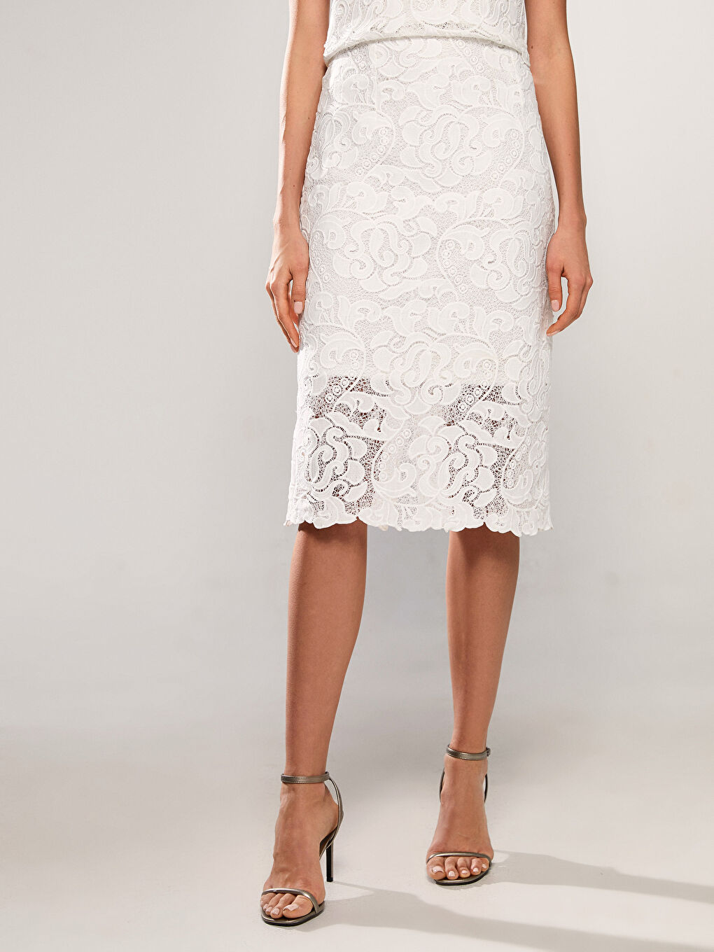 Beyaz Dar Fit Dantel Kadın Dantel Kalem Etek-2