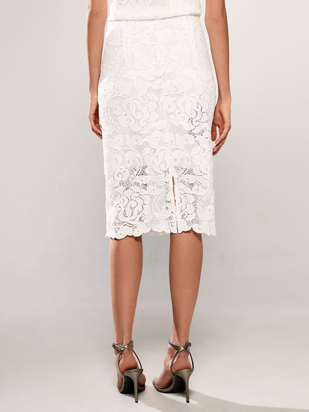 Beyaz Dar Fit Dantel Kadın Dantel Kalem Etek-3