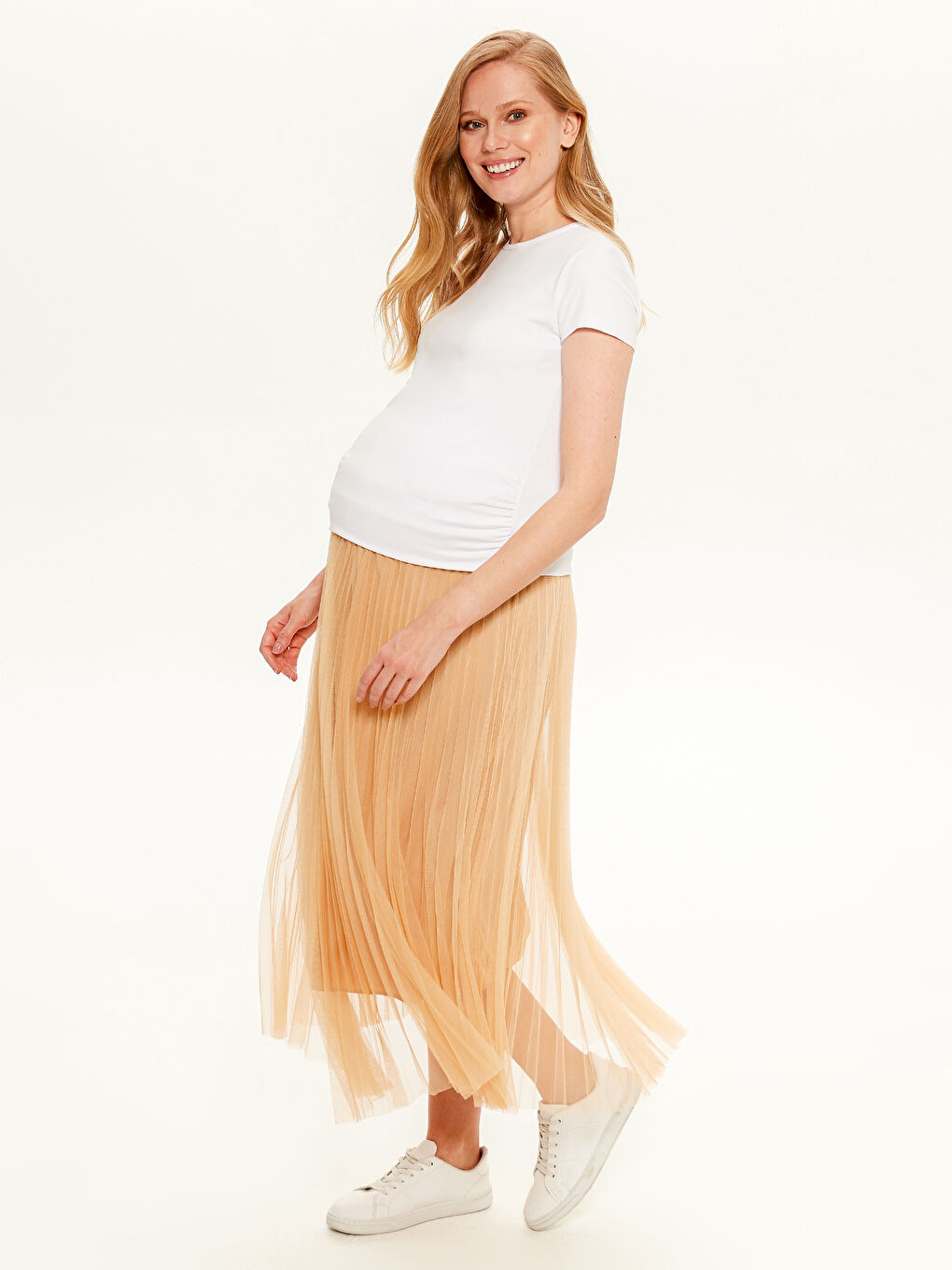 Bej Pileli Tül Detaylı Hamile Etek-1