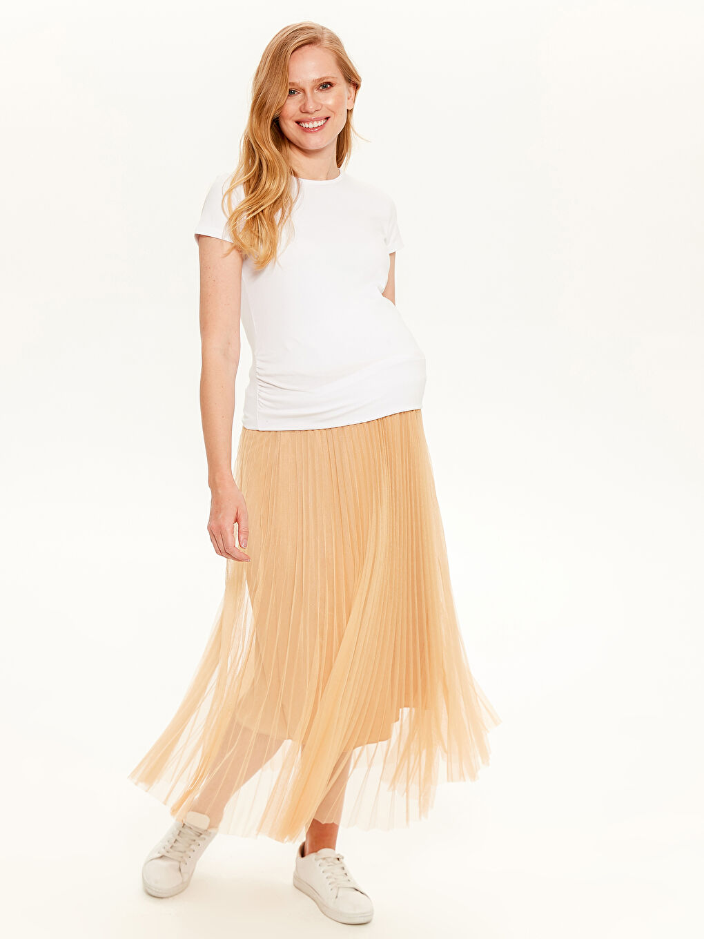 Bej Pileli Tül Detaylı Hamile Etek-3