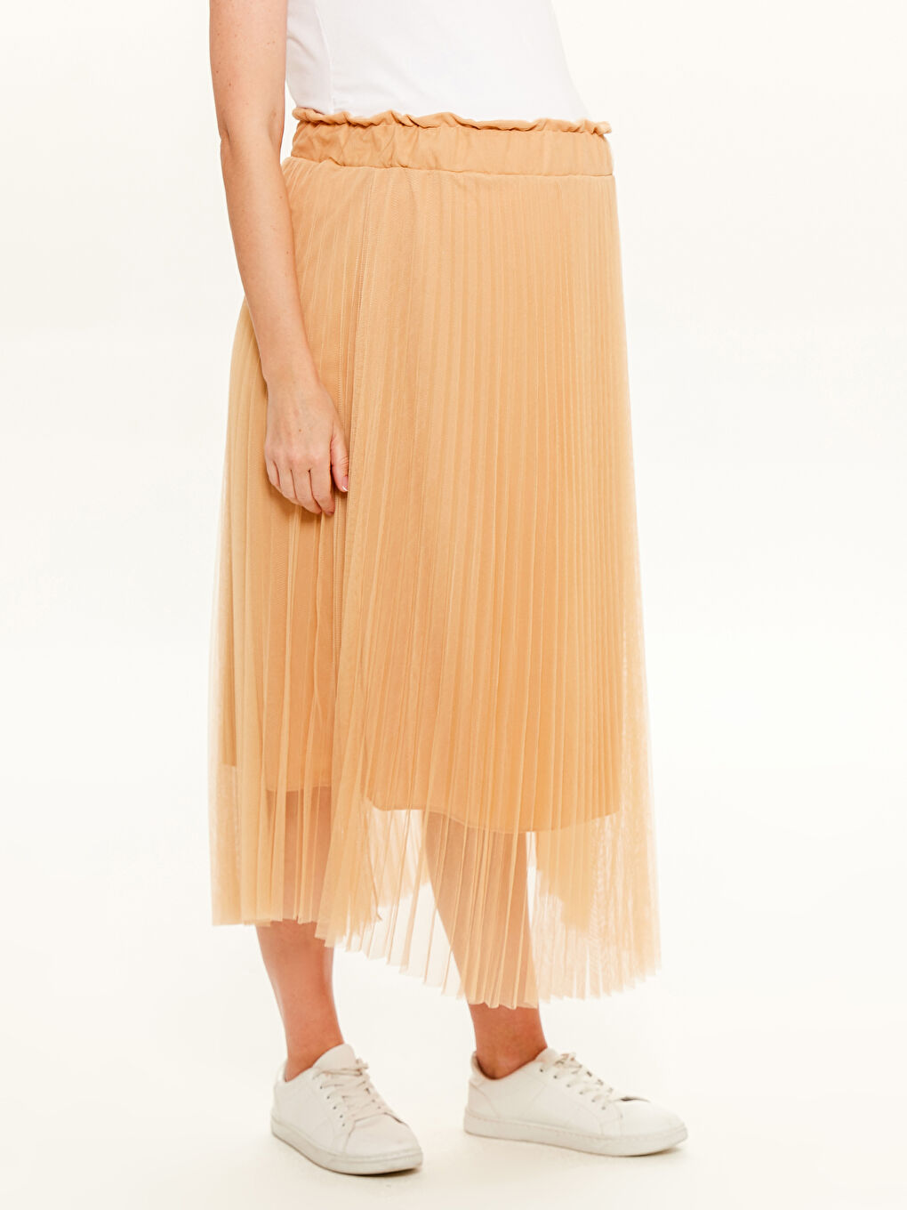 Bej Pileli Tül Detaylı Hamile Etek-4