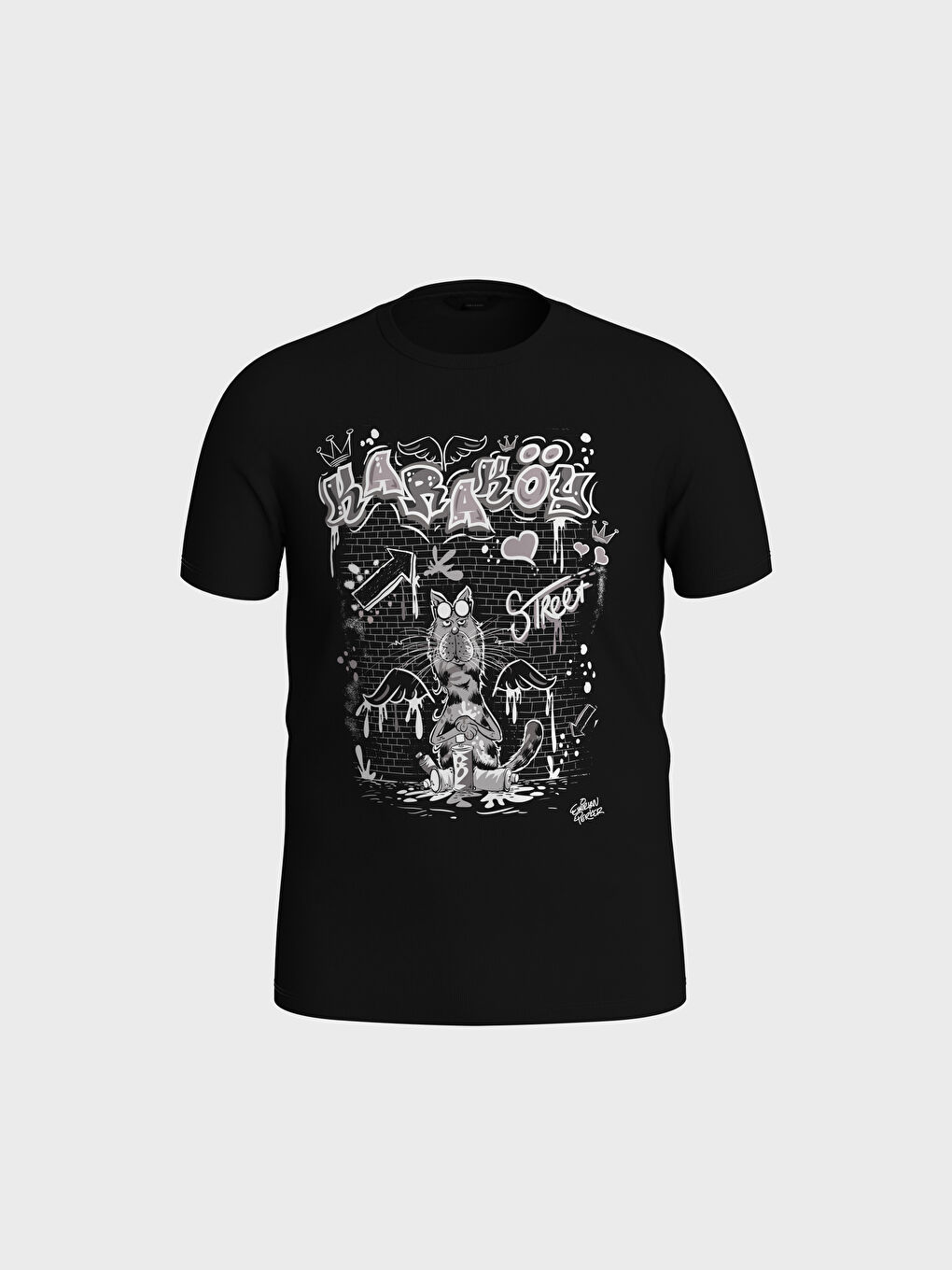 Siyah Bisiklet Yaka Penye Erkek Tişört-1