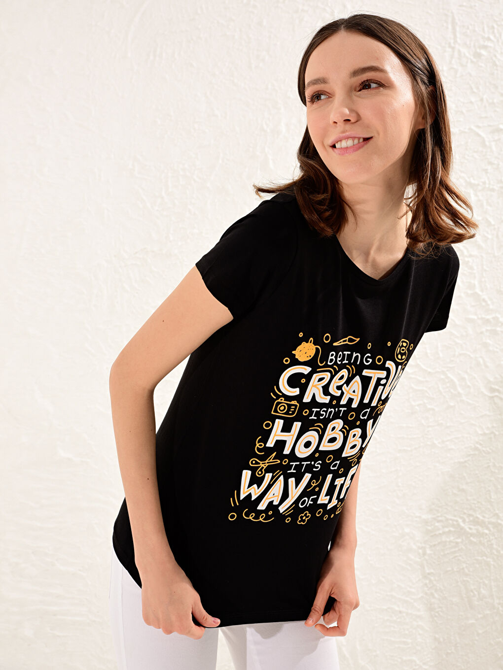 Женщины Черный Футболка-1