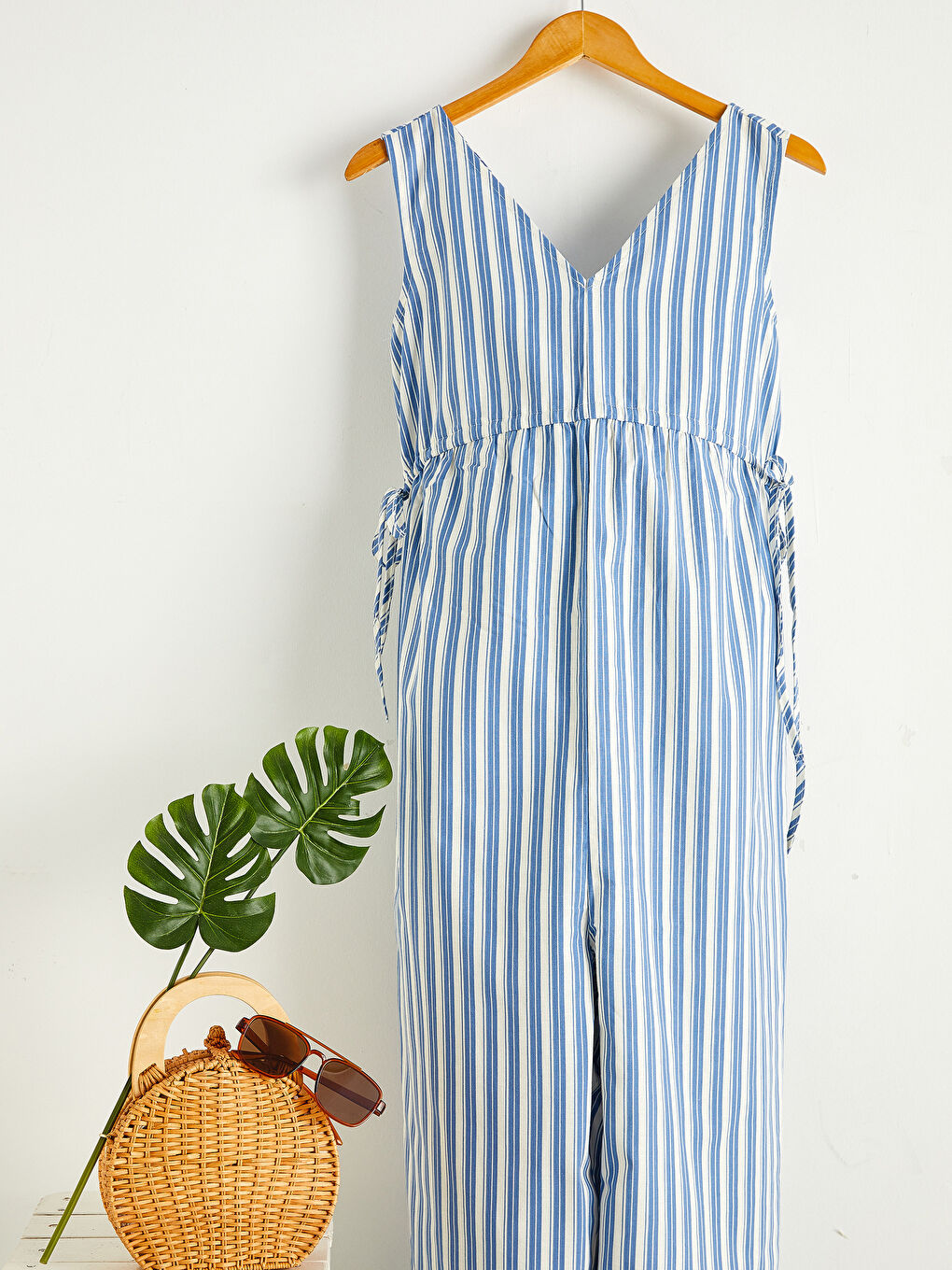 Lacivert V Yaka Askılı Çizgili Hamile Tulum-2