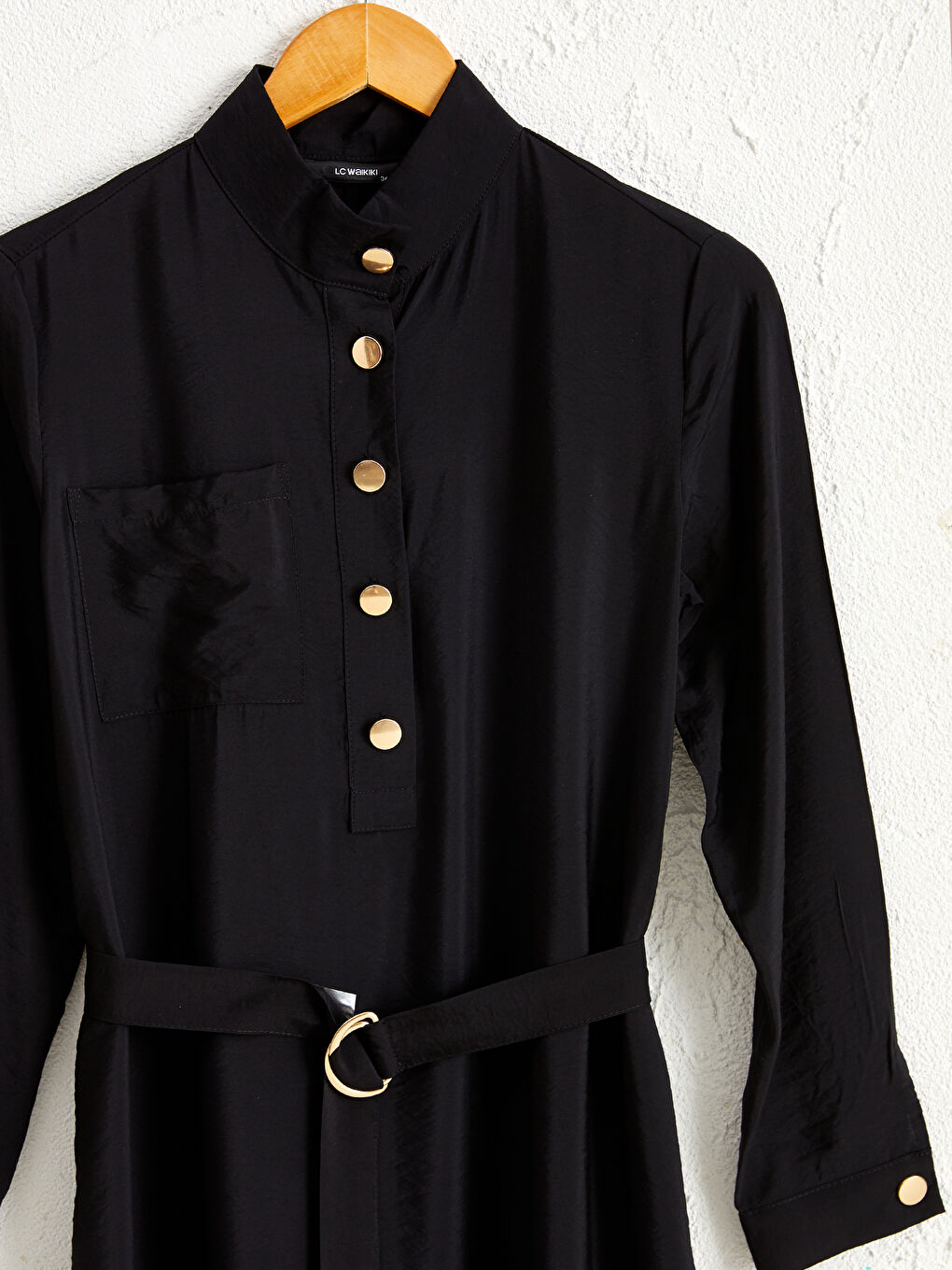 Siyah Belden Kuşaklı Viskon Gömlek Elbise-2