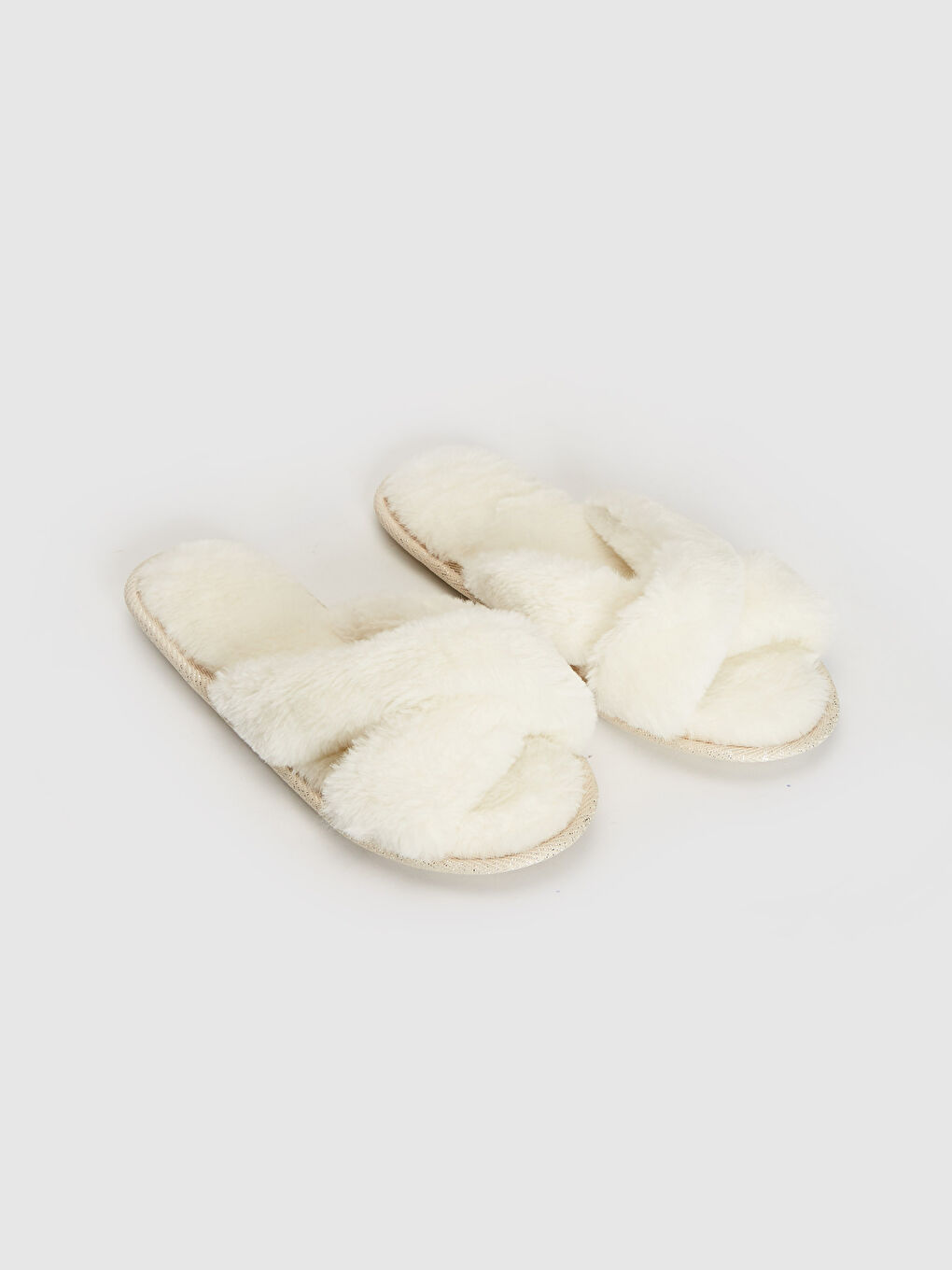 Ekru Kadın Çapraz Bant Pelüş Ev Terliği