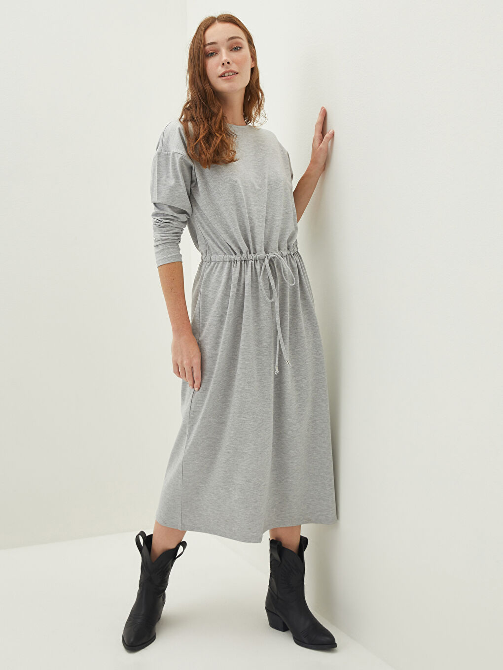 Gri Bisiklet Yaka Düz Uzun Kollu Kadın Elbise-2