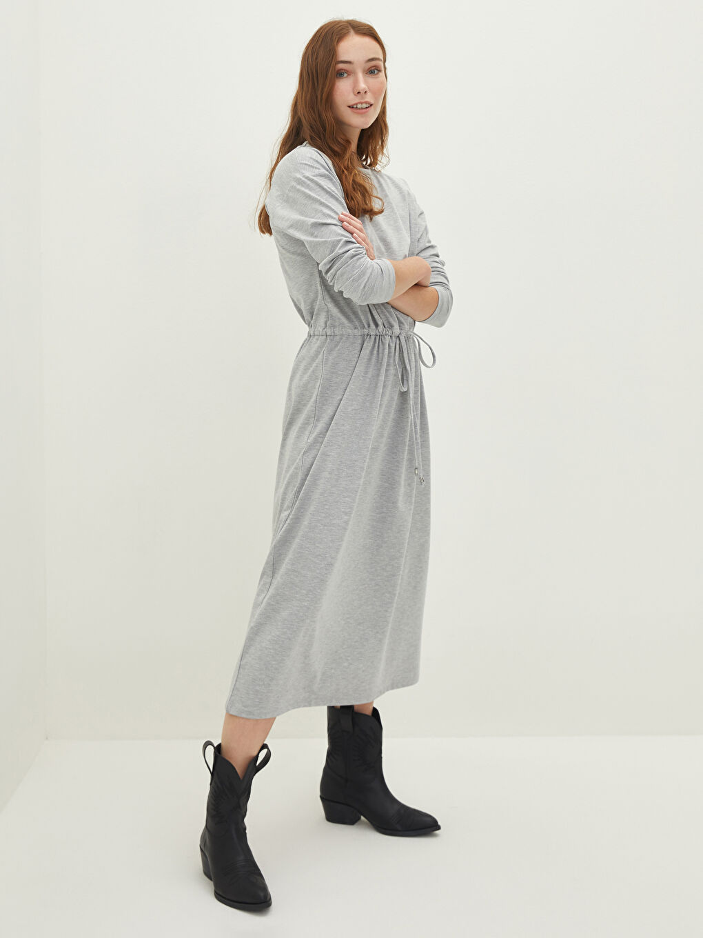 Gri Bisiklet Yaka Düz Uzun Kollu Kadın Elbise-3