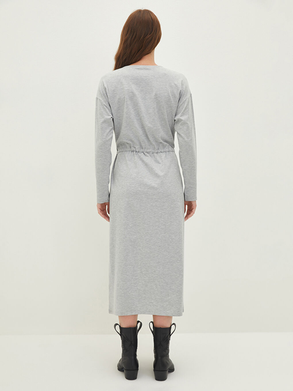 Gri Bisiklet Yaka Düz Uzun Kollu Kadın Elbise-4