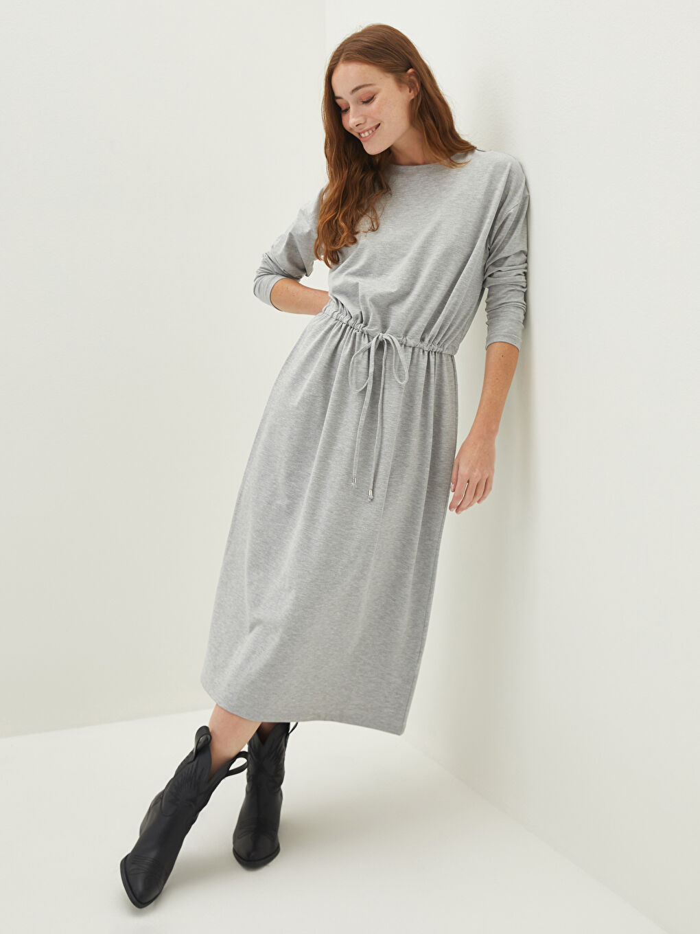 Gri Bisiklet Yaka Düz Uzun Kollu Kadın Elbise