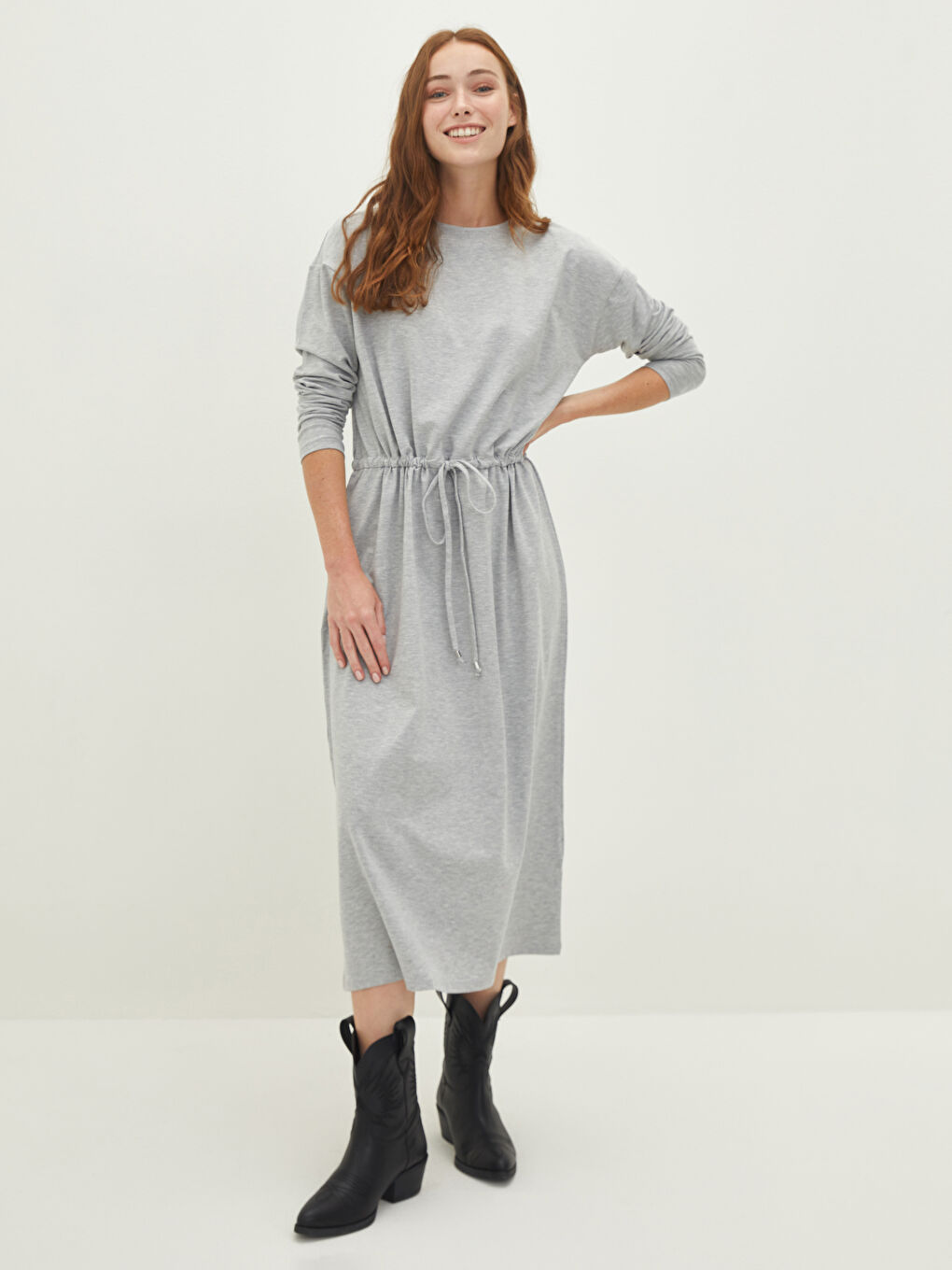 Gri Bisiklet Yaka Düz Uzun Kollu Kadın Elbise-1