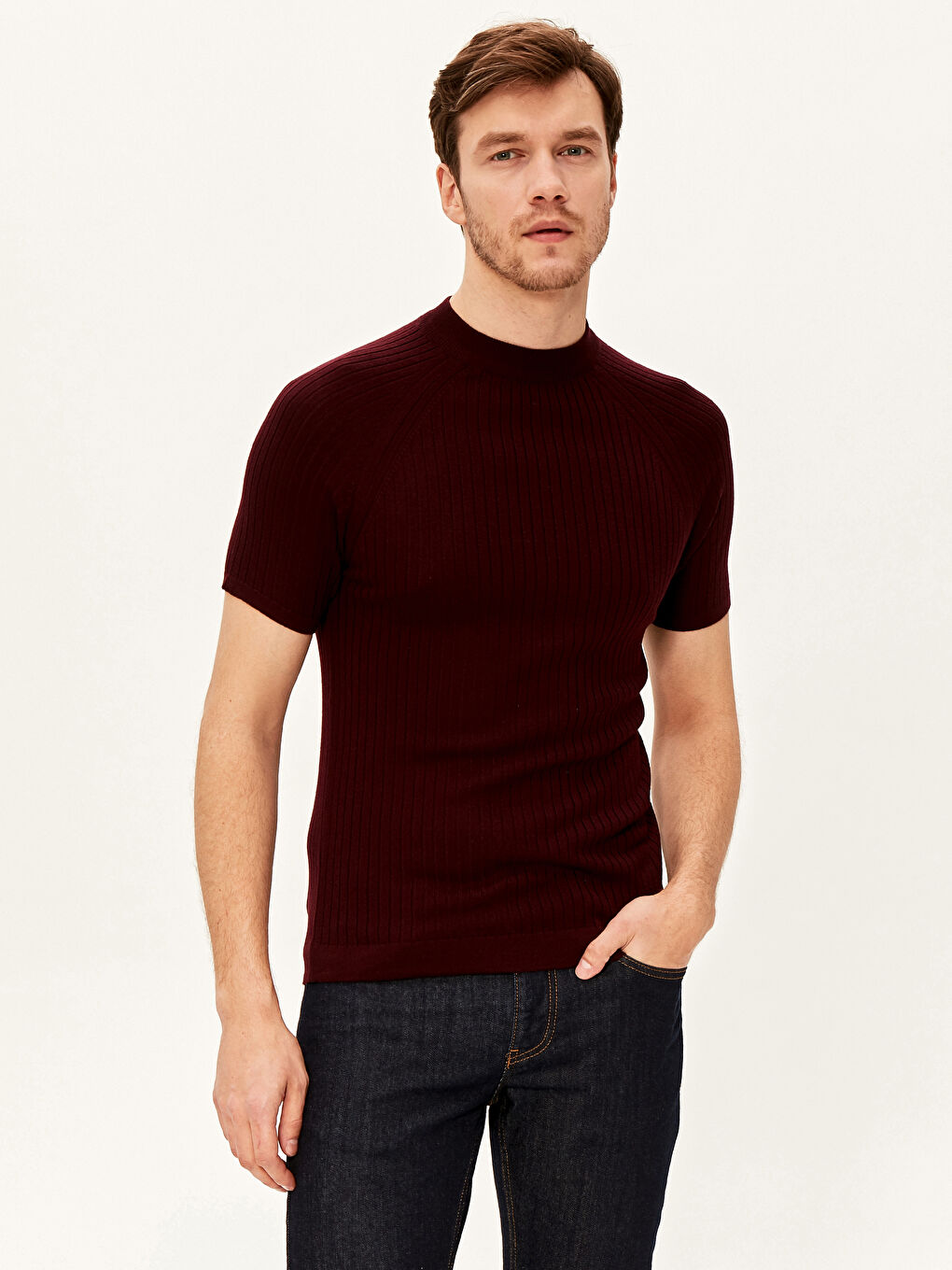 Bordo Yarım Balıkçı Yaka Kısa Kollu Triko Tişört-1