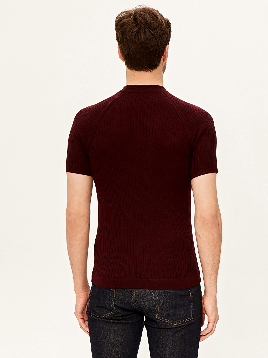 Bordo Yarım Balıkçı Yaka Kısa Kollu Triko Tişört-2