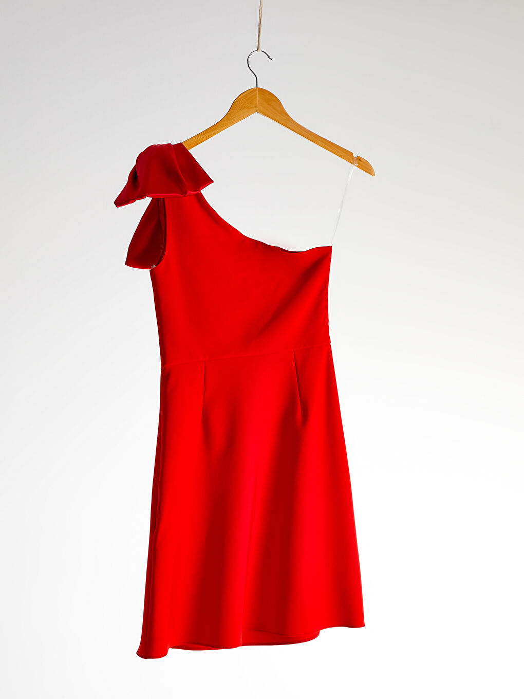 Kırmızı Appleline Düz Tek Omuz Kadın Elbise-5