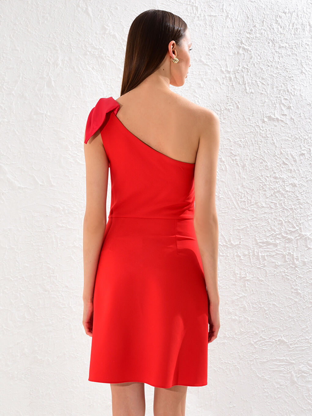 Kırmızı Appleline Düz Tek Omuz Kadın Elbise-3