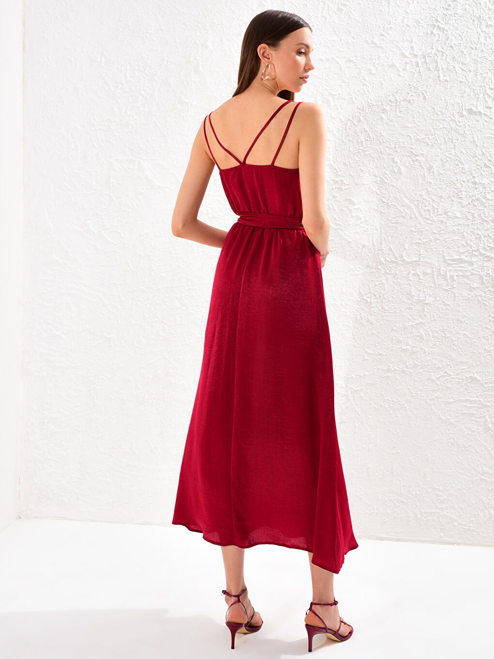 Bordo Askılı Kadın Elbise-3