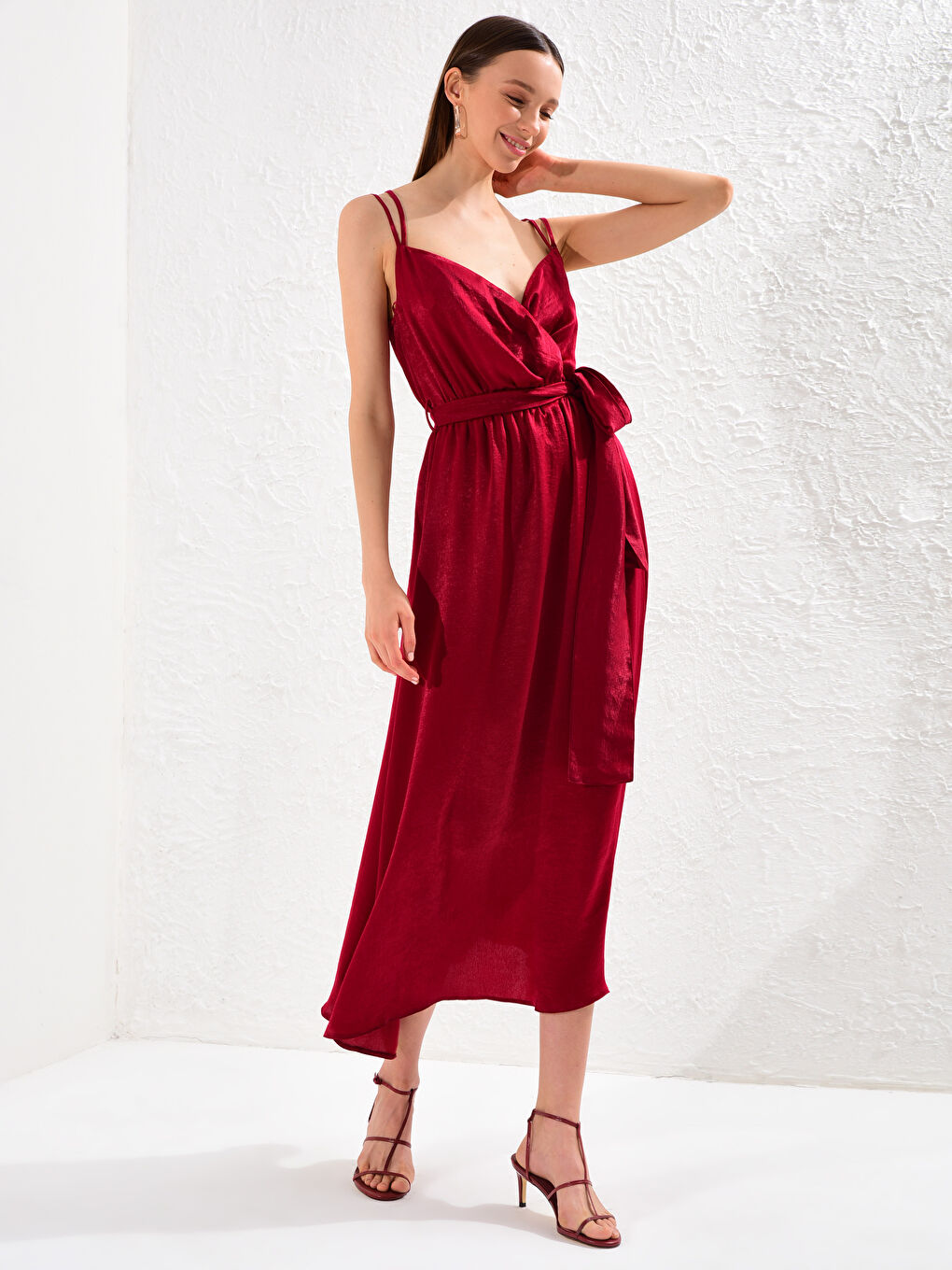 Bordo Askılı Kadın Elbise-6