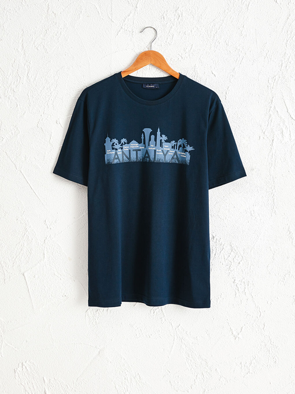 Lacivert Bisiklet Yaka Antalya Baskılı Penye Tişört