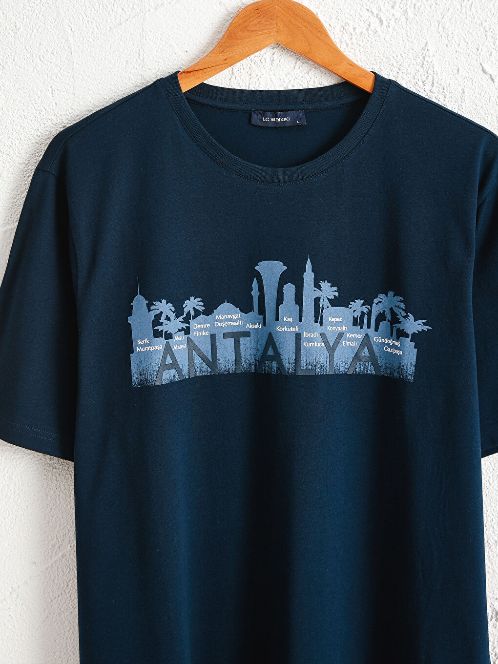 Lacivert Bisiklet Yaka Antalya Baskılı Penye Tişört-2