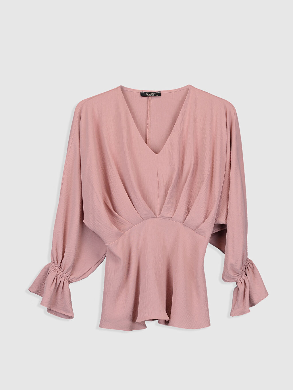 Pembe V Yaka Düz Büzgü Detaylı Uzun Kollu Kadın Bluz
