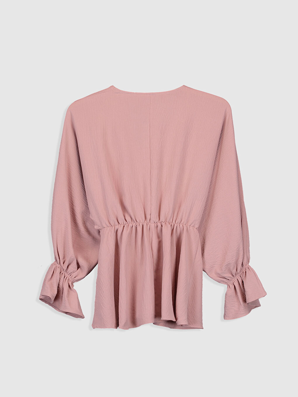 Pembe V Yaka Düz Büzgü Detaylı Uzun Kollu Kadın Bluz-1