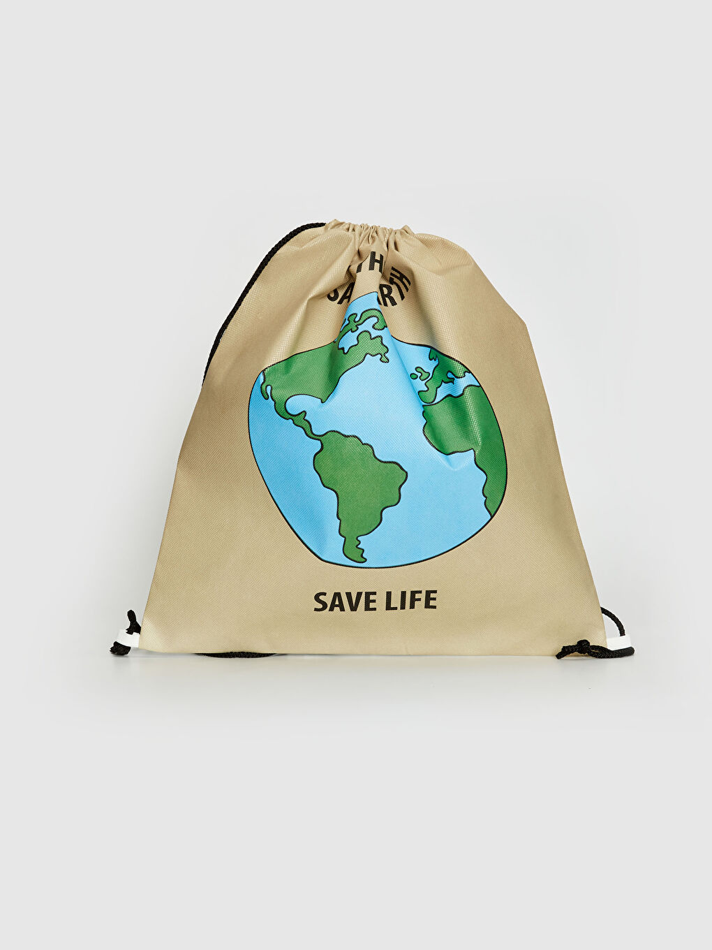 Bej Doğa Dostu Büzgü Kapamalı Baskılı Çanta-1