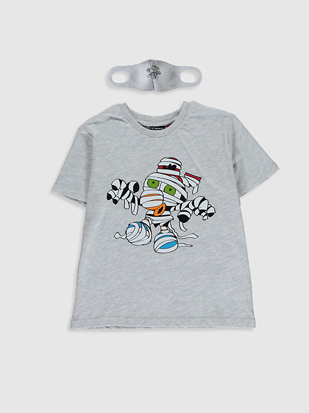 Gri Erkek Çocuk Zeytin Baskılı Tişört ve Maske