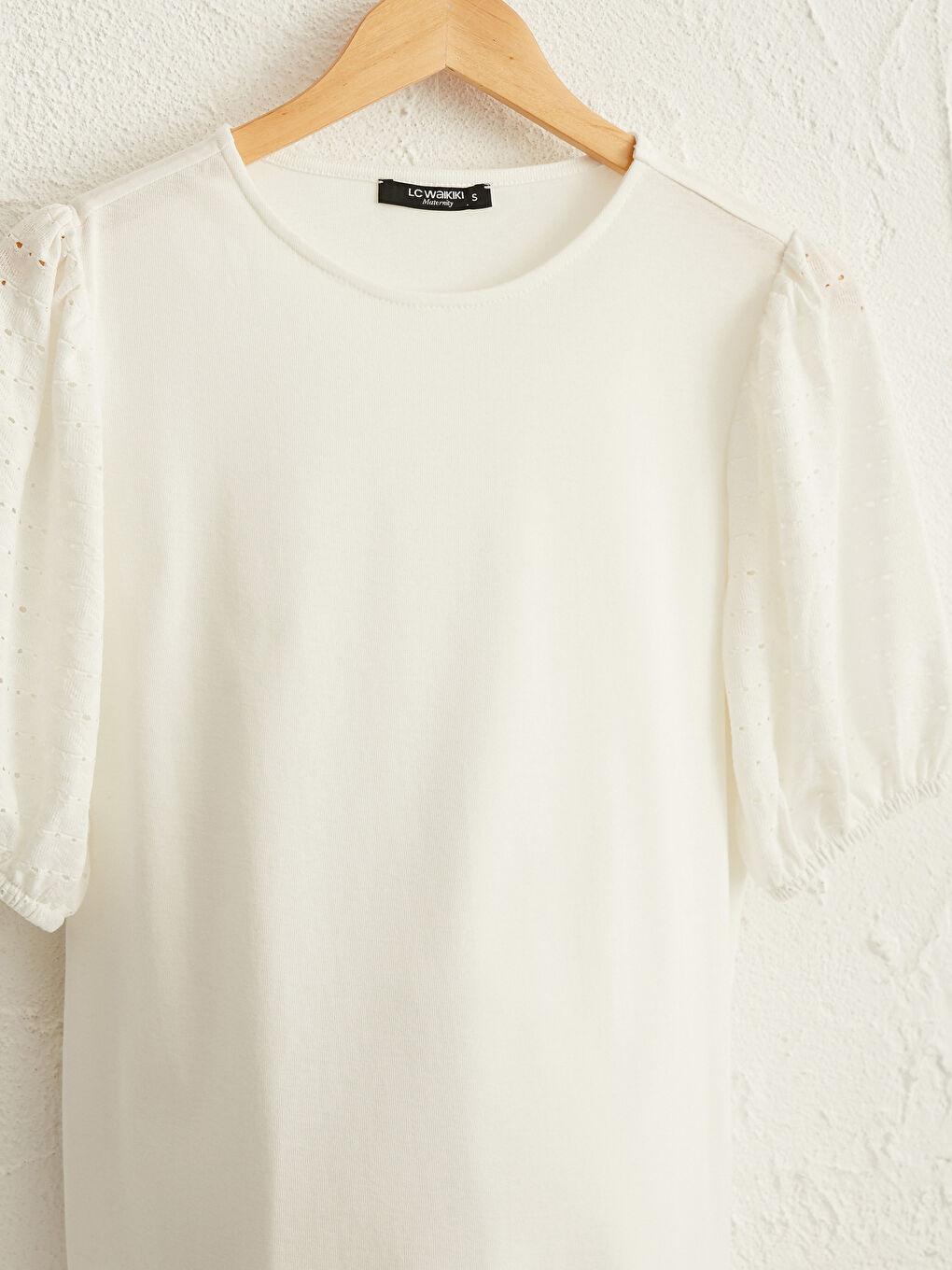 Ekru Bisiklet Yaka Kısa Kollu Penye Fistolu Hamile Bluz-2