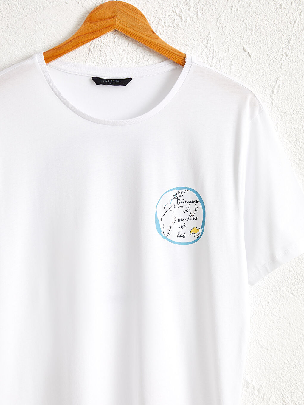 Beyaz Bisiklet Yaka Baskılı Penye Tişört-2