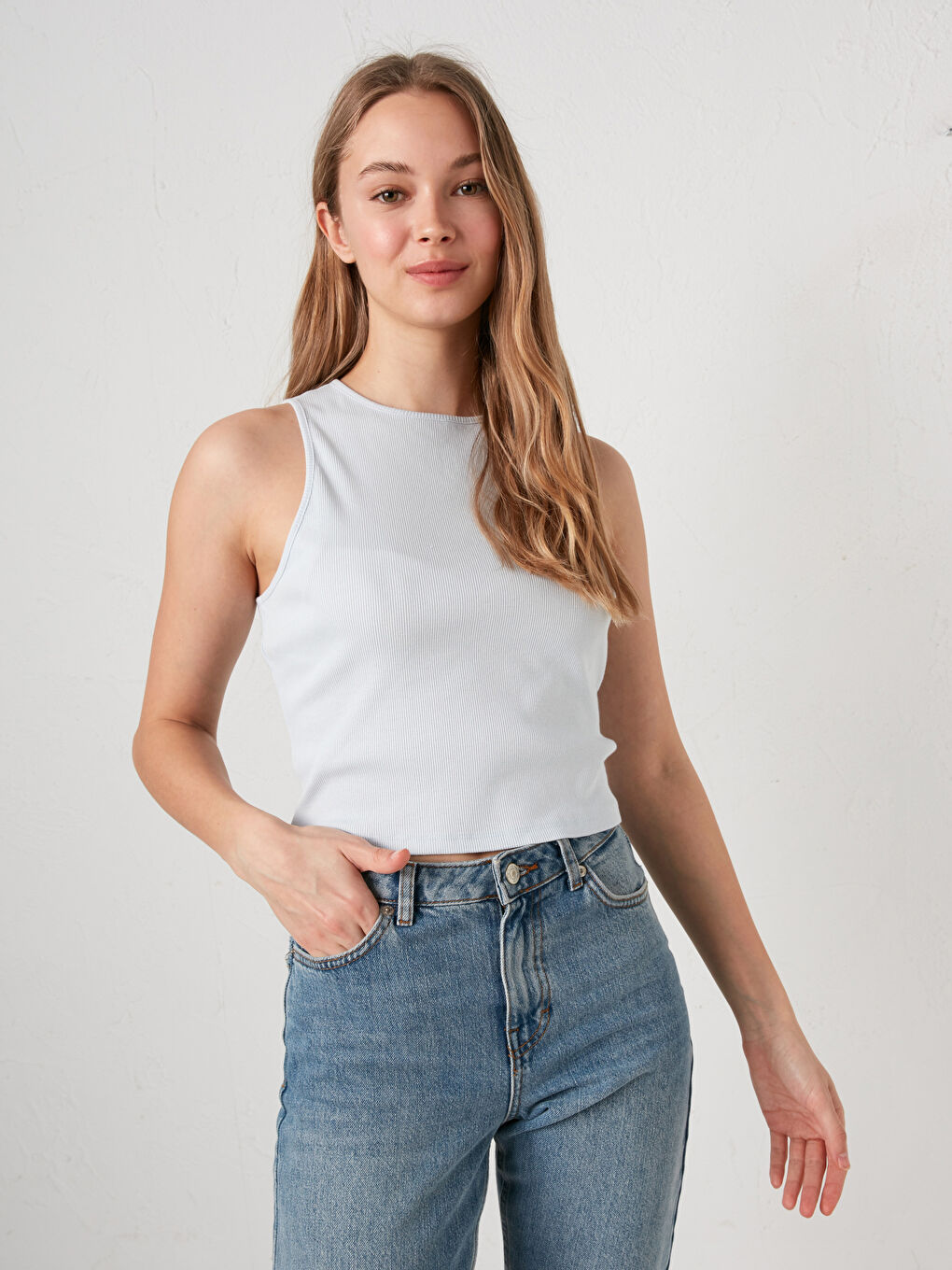 Mavi Bisiklet Yaka Kolsuz Pamuklu Atlet