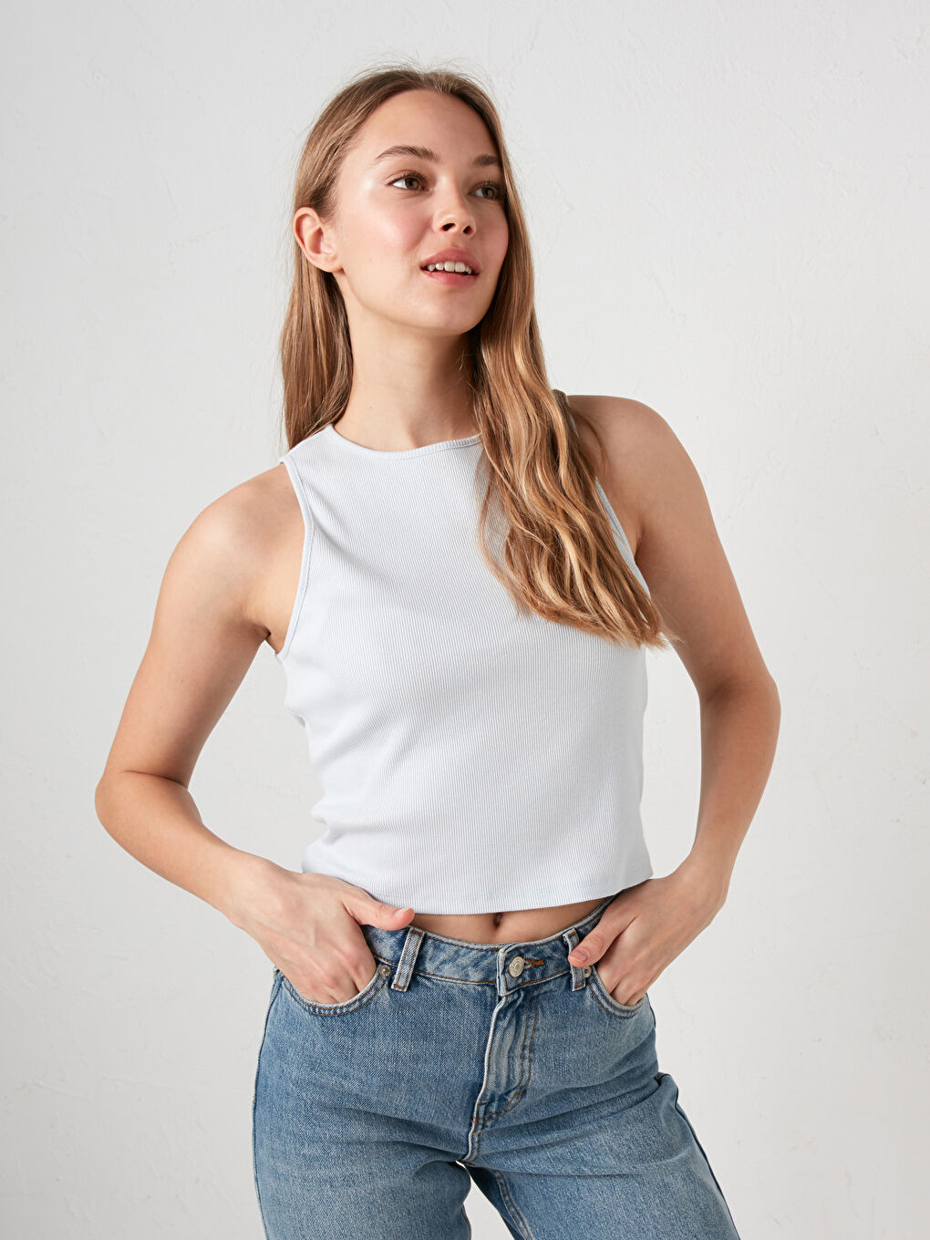 Mavi Bisiklet Yaka Kolsuz Pamuklu Atlet-1