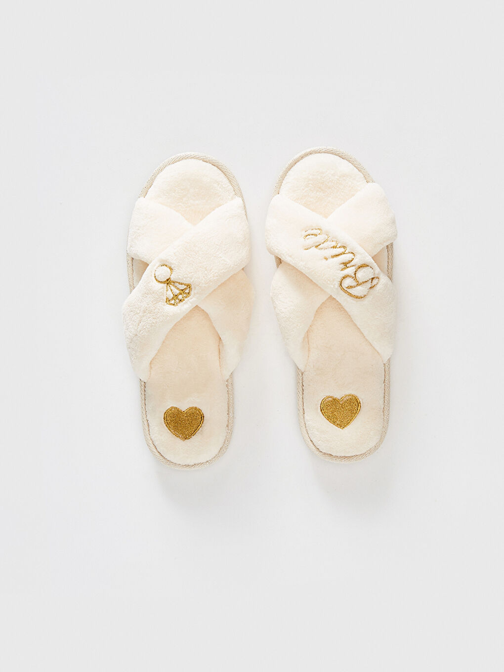 Ekru Kadın Çapraz Bant Pelüş Ev Terliği-1