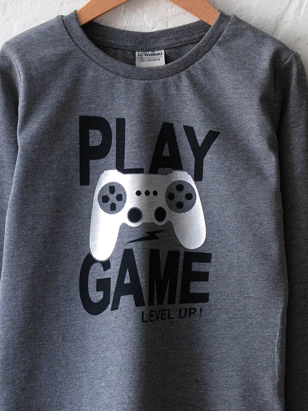 Antrasit Bisiklet Yaka Baskılı Uzun Kollu Erkek Çocuk Tişört-2