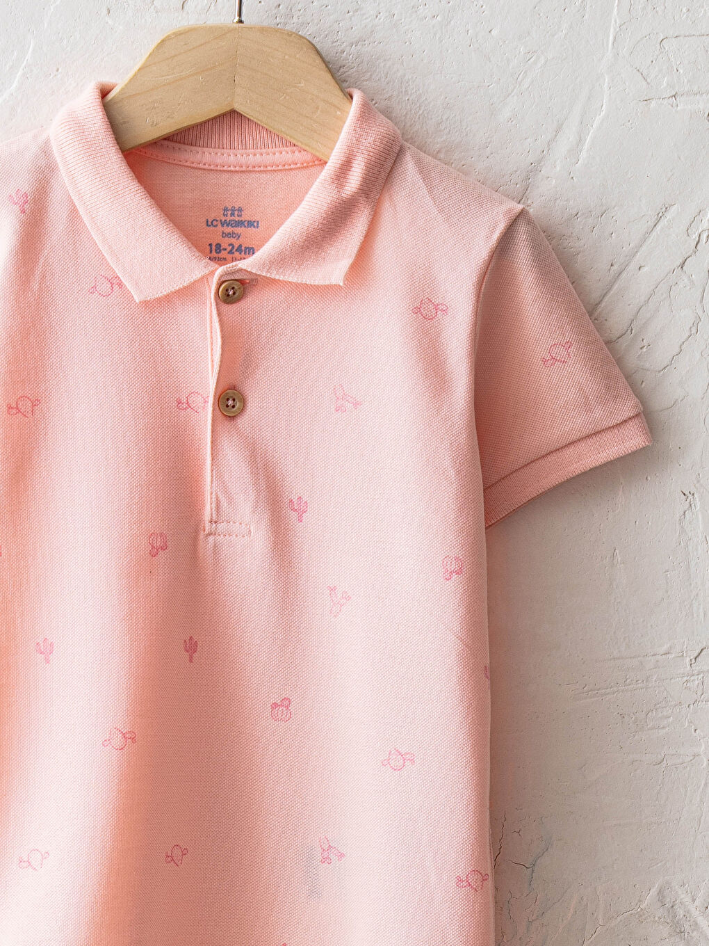 Pembe Polo Yaka Kısa Kollu Baskılı Erkek Bebek Tişört-2