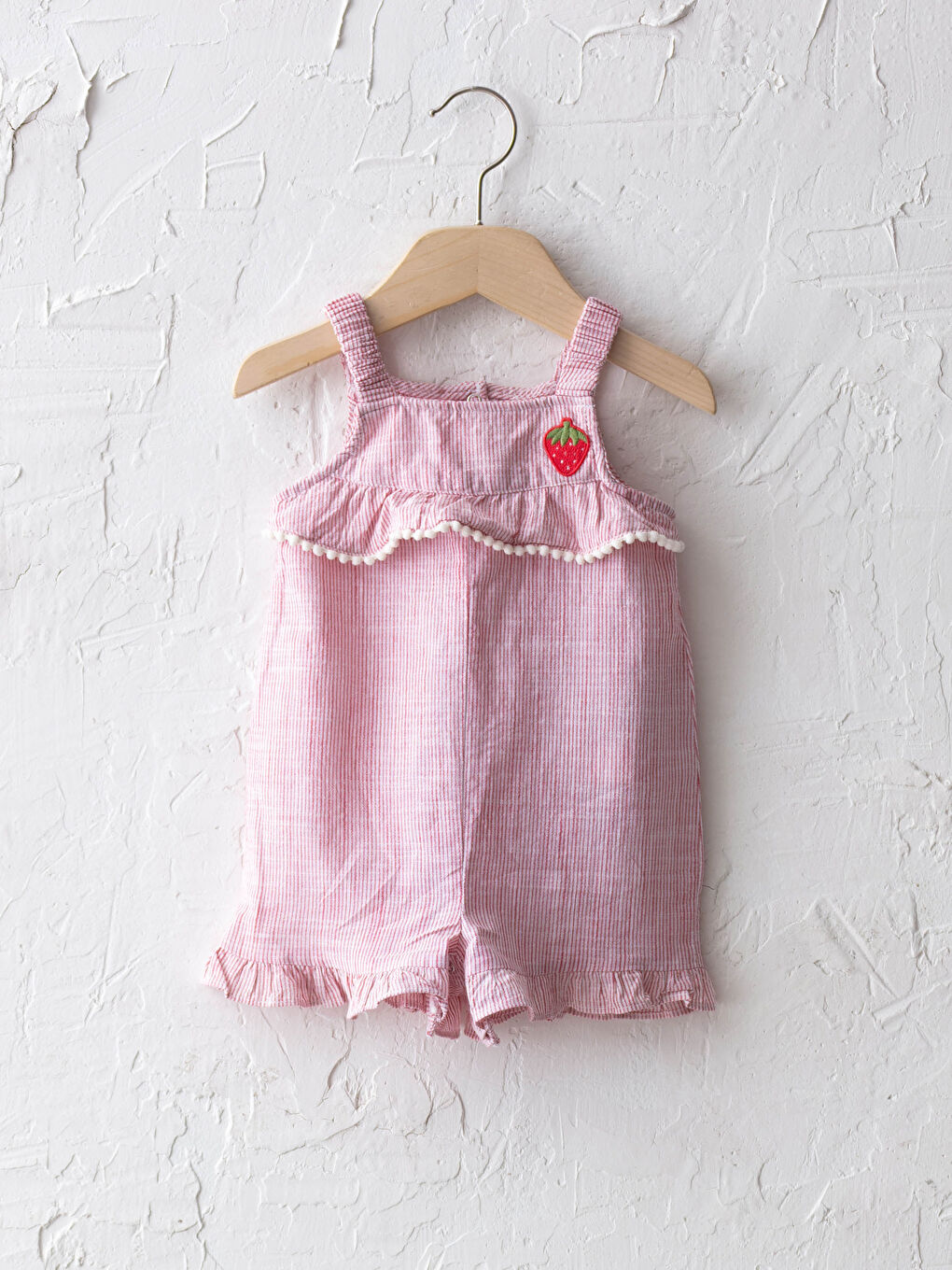 Kırmızı Askılı Kare Yaka Çizgili Pamuklu Kız Bebek Tulum