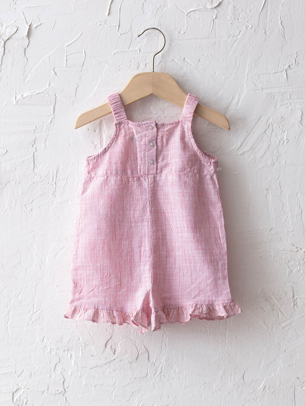 Kırmızı Askılı Kare Yaka Çizgili Pamuklu Kız Bebek Tulum-1