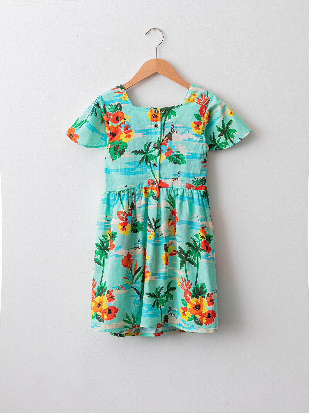 فستان بناتي بوبلين بياقة مربعة وكم قصير منقوش-1