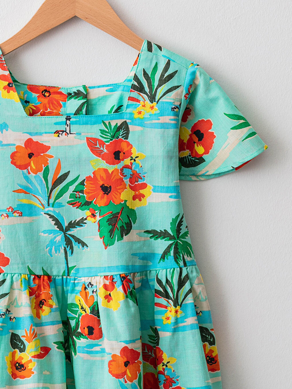 فستان بناتي بوبلين بياقة مربعة وكم قصير منقوش-2