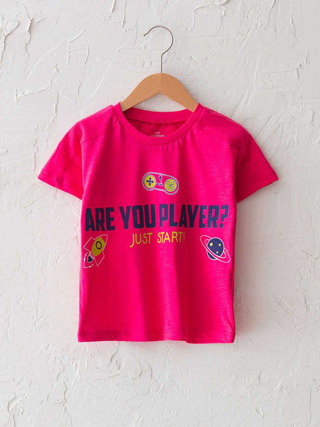 Fuşya Bisiklet Yaka Kısa Kollu Baskılı Unisex Bebek Tişört